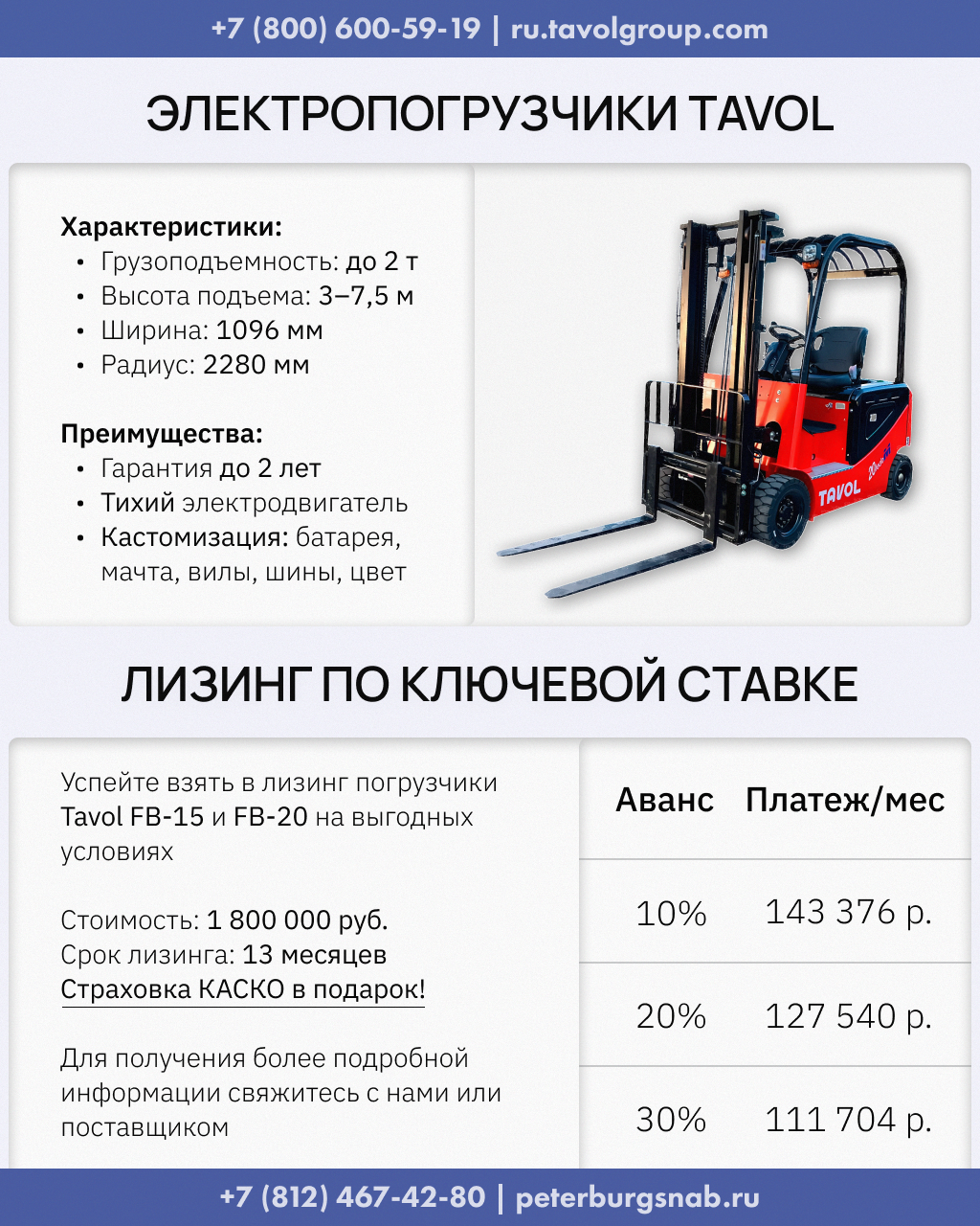 Электрические погрузчики Tavol FB-15 и FB-20